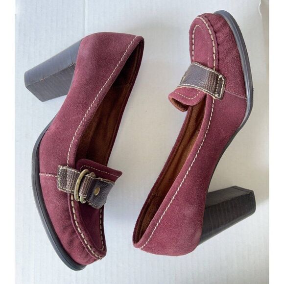 Womens Loafer Shoes Burgundy Suede Pumps Brown Strap Buckle Sz 7 7M - Picture 4 of 13